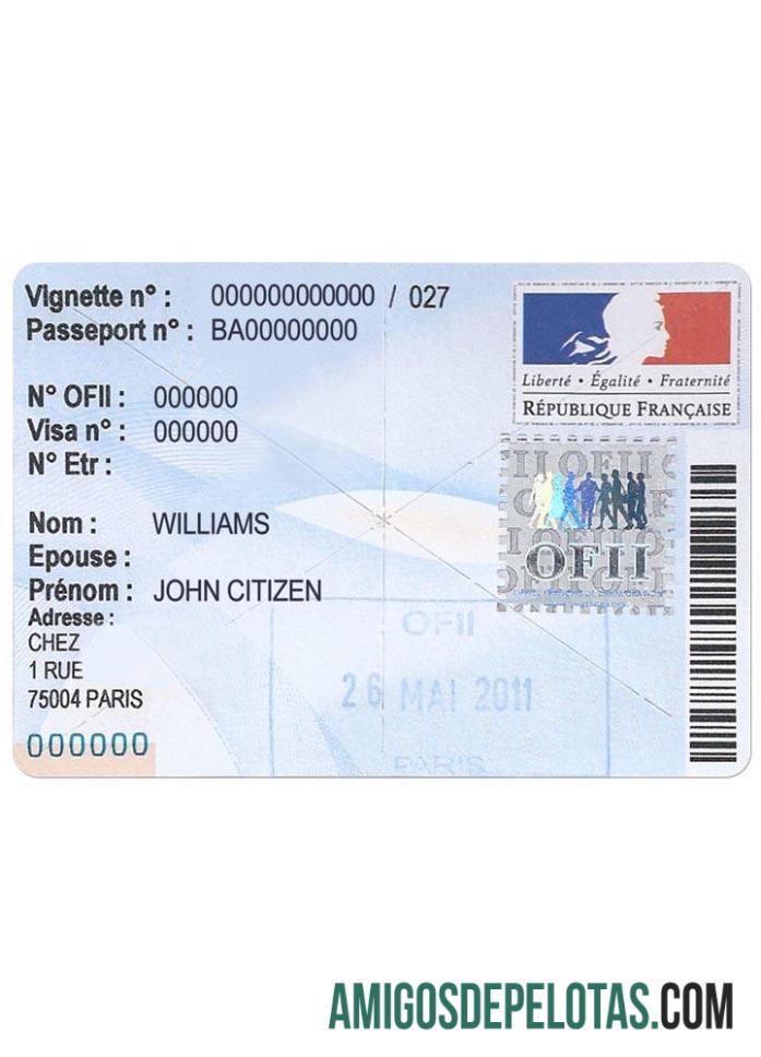 Selo de visto OFII de residência na França amostra